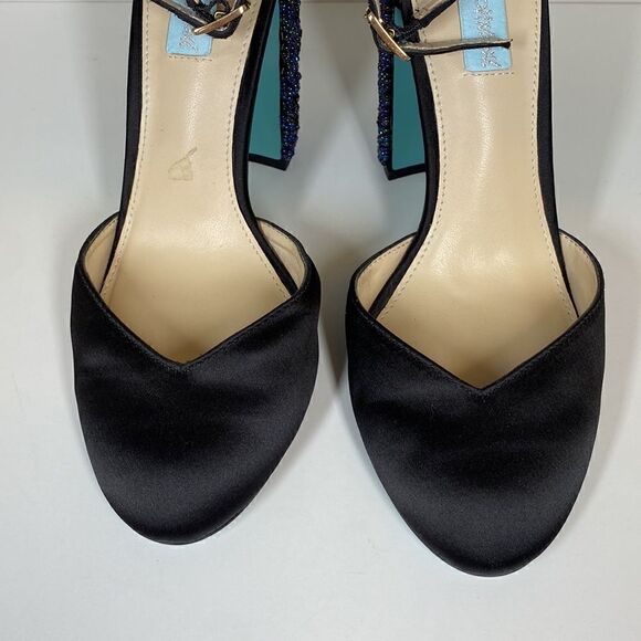 Blue by Betsey Johnson Embellished Black Silk Strap Block Heel Sybil Women's 6 - Picture 7 of 9